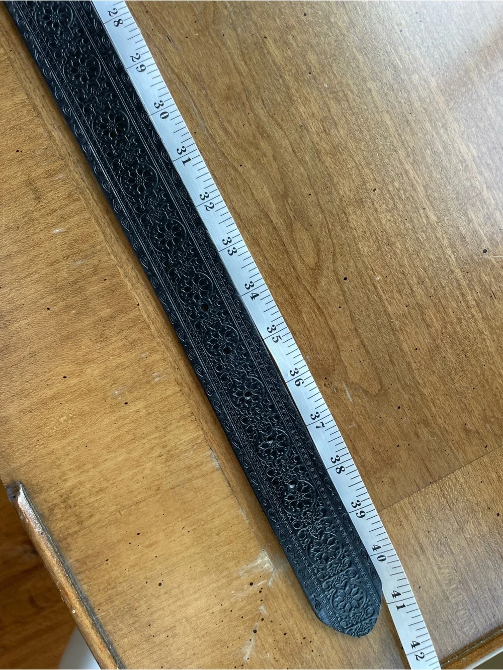 Vintage 90’s Black Leather Belt with Engraved Silver Buckle size 36”